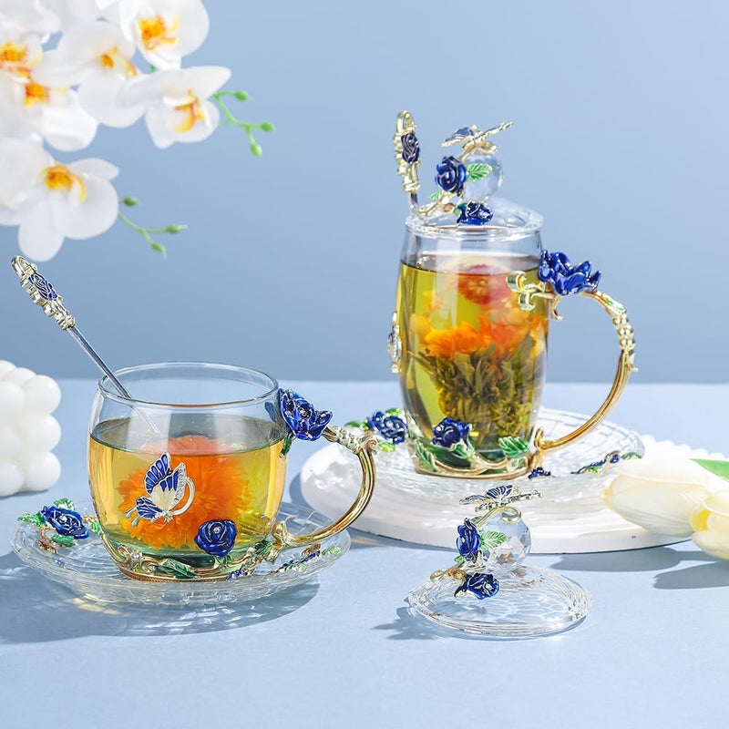 LANTREE كوب قهوة زجاجي من LANTREE هدية عيد ميلاد عيد الميلاد للنساء الأم الأخت الصديقة زميلة العمل كوب شاي مزهر فراشة كوب قهوة عتيق مع غطاء ملعقة صحن (أزرق طويل) - Image 5